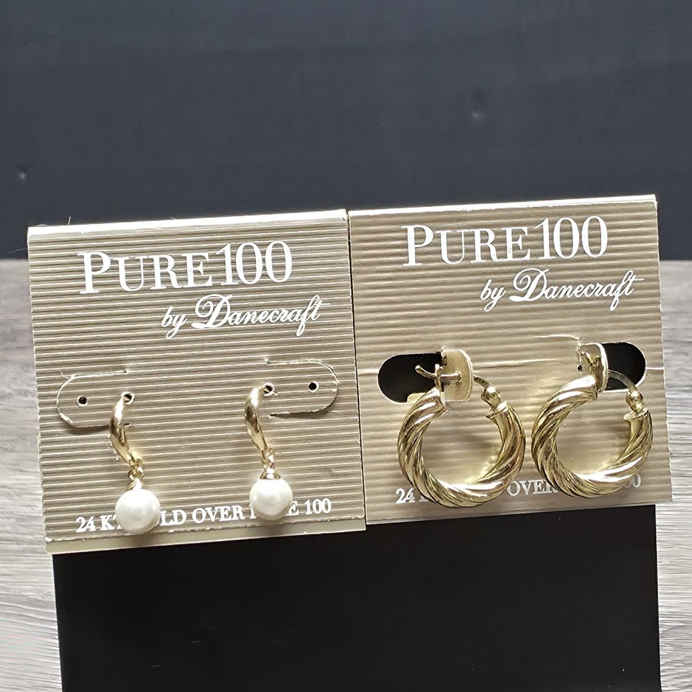 Danecraft Pure 100 Earrings 2 Pair Set 24k Gold Over Twisted Hoops Pearl Drop